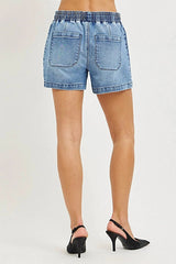 RISEN Elastic Band Slouchy Denim Shorts with Star Patched Details -