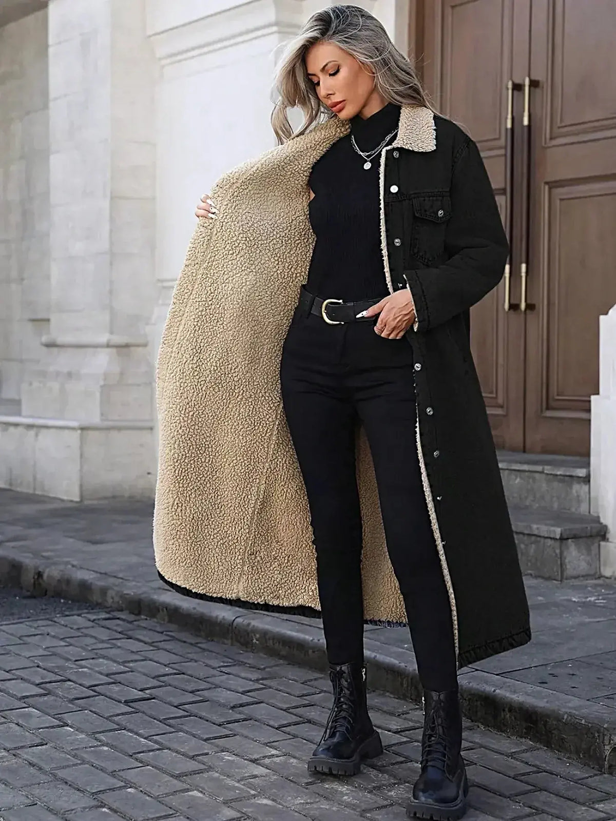 Sherpa Lined Longline Denim Jacket -