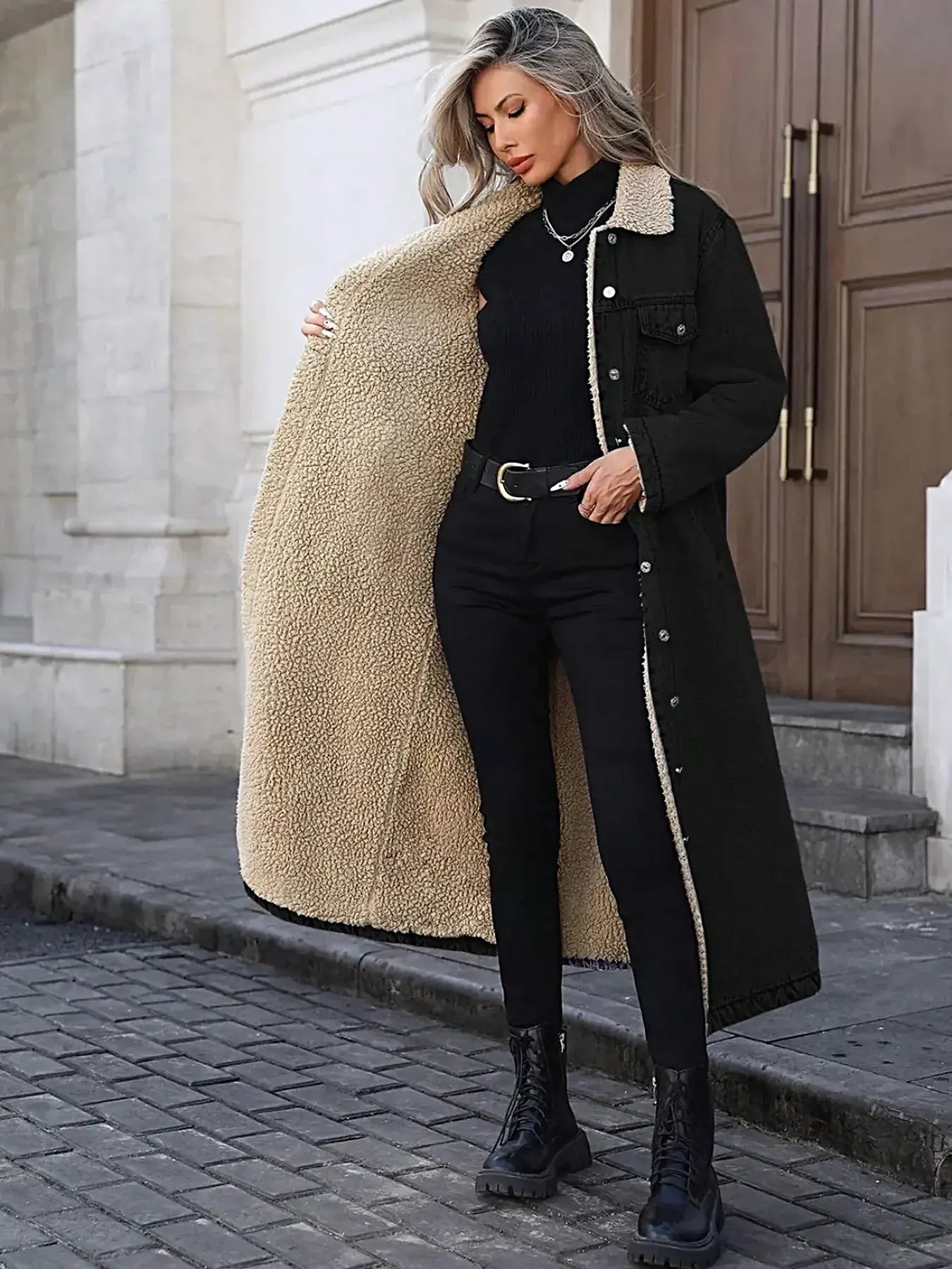Sherpa Lined Longline Denim Jacket -