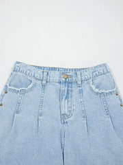 Studded Side Slit Leg Frayed Pocketed Wide Leg Jeans -