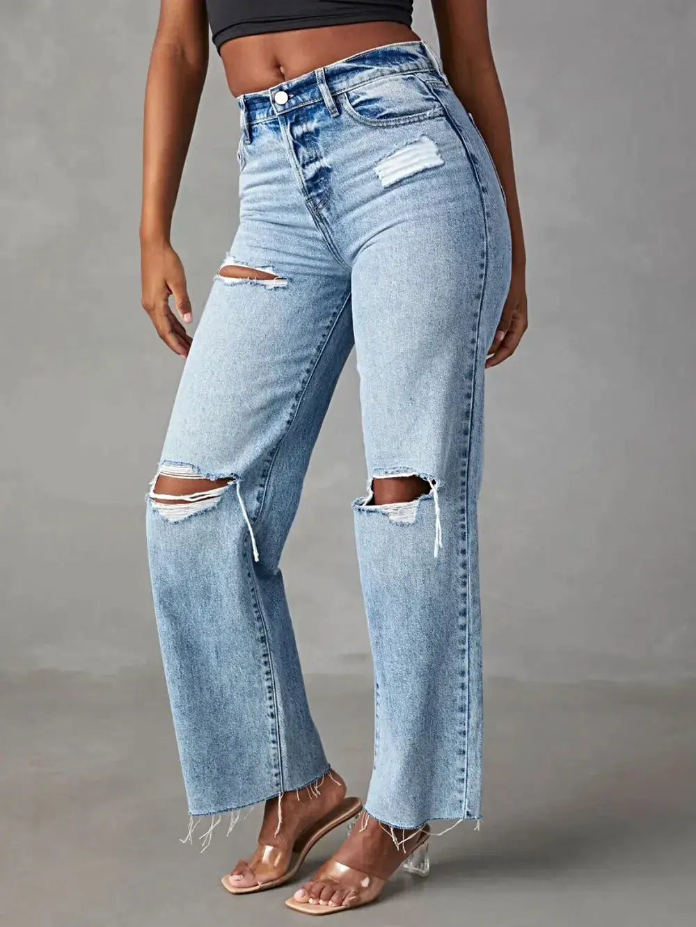 Distressed Straight Leg Jeans with Pockets -