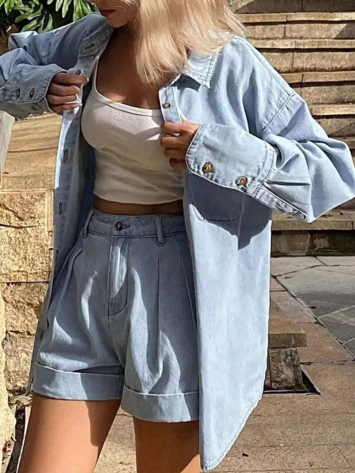 Button Up Long Sleeve Shirt and Shorts Denim Set -