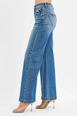 RISEN High Rise Wide Leg Jenas with Front Yoke and Heart Back Pocket -