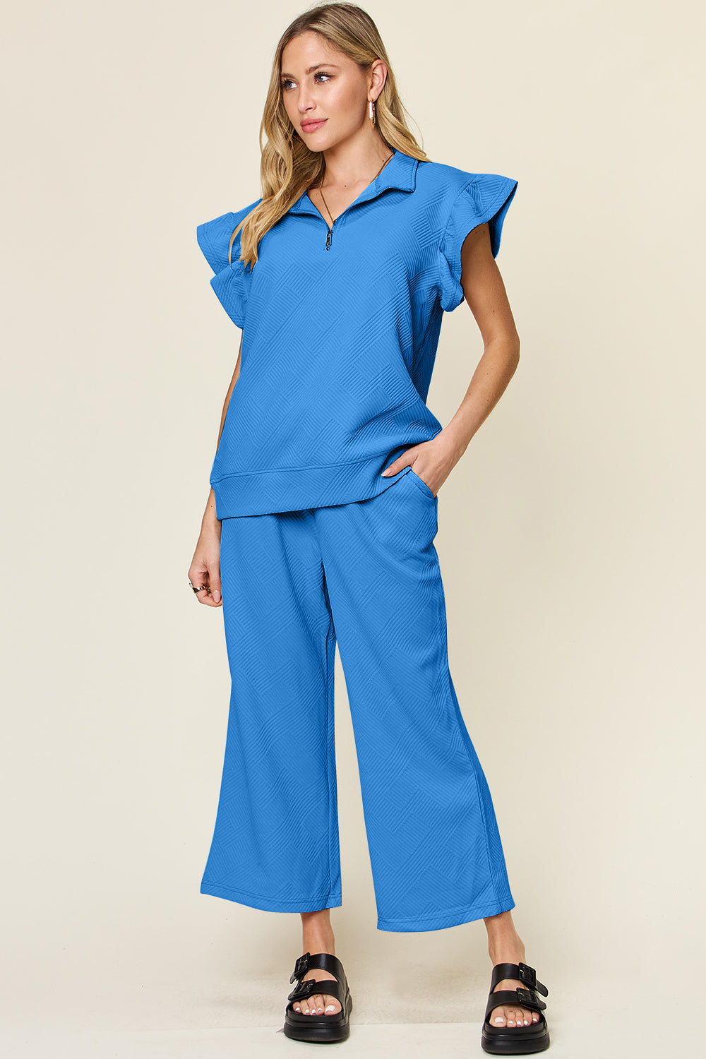 Double Take Texture Ruffle Short Sleeve Top and Drawstring Wide Leg Pants Set Trendsi