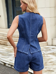 Button Down Vest and Shorts Denim Set -