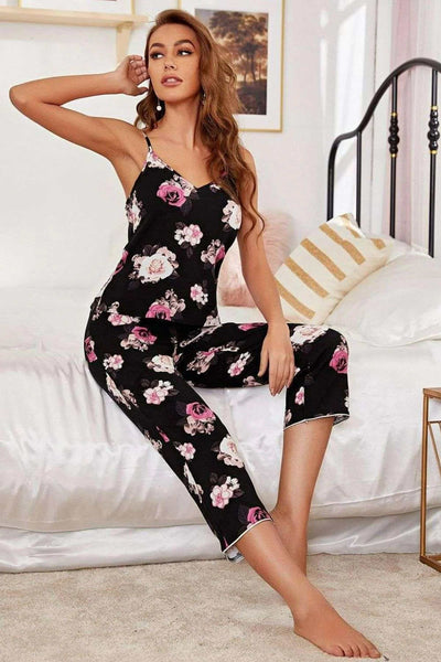 Floral V-Neck Cami and Cropped Pants Lounge Set - womans pajamas