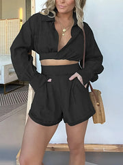 Full Size Long Sleeve Top and Shorts Denim Set Plus Size -