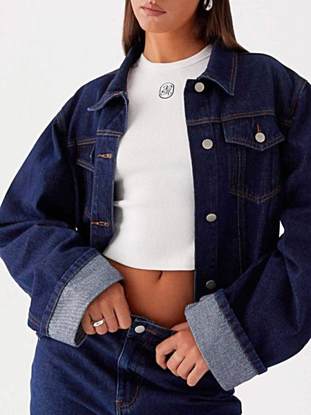Button Down Cropped Oversized Denim Jacket -
