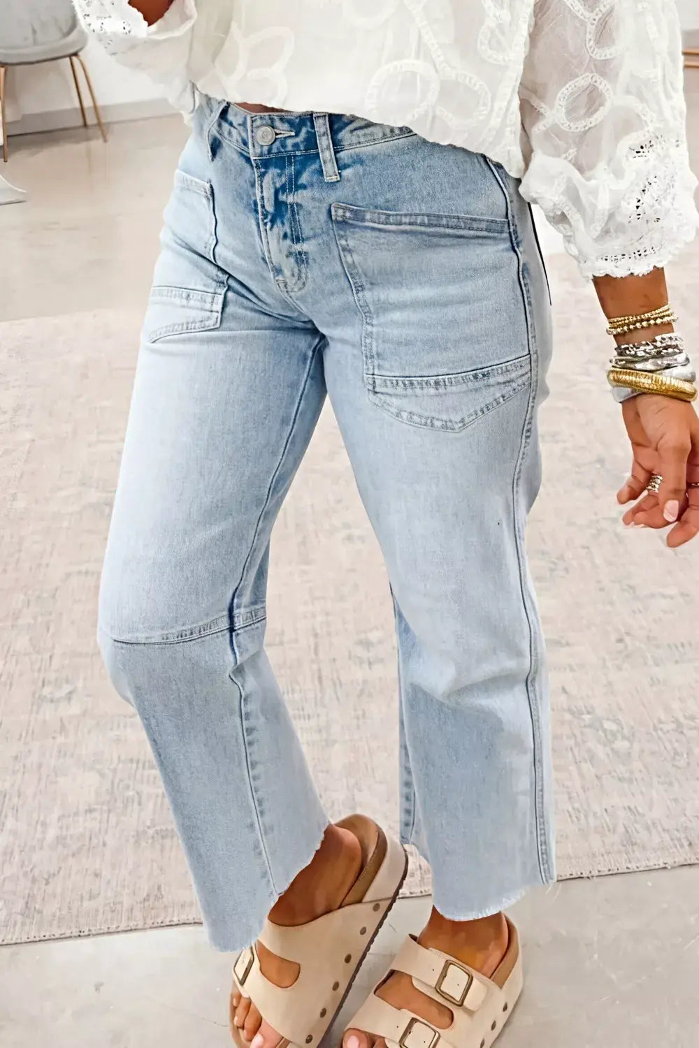 Light Wash Utility Pocket Straight Leg Jeans -