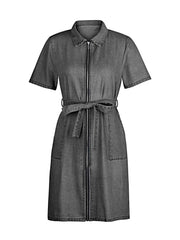 Full Size Zip Front Short Sleeve Denim Dress Plus Size -