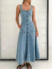 Denim Dress With Sweetheart Neckline, Buttoned & Pocketed - 100% Polyester, No Stretch -