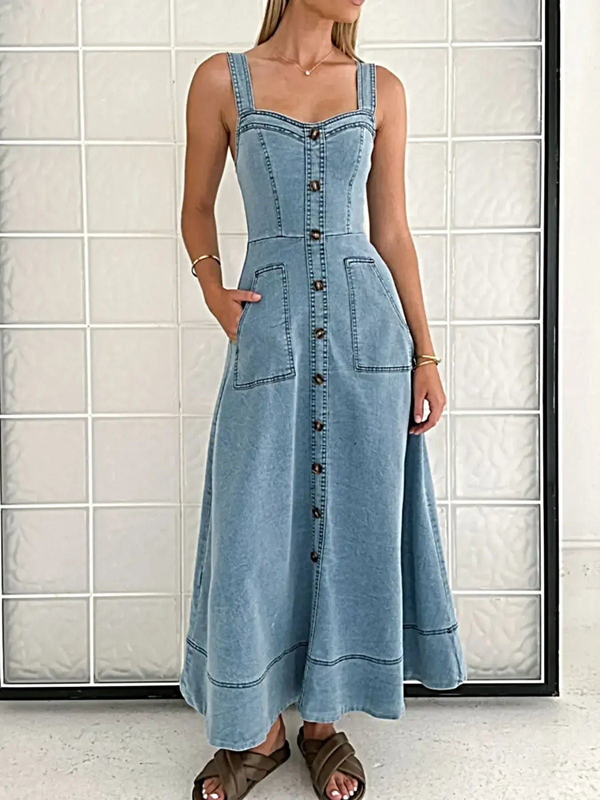 Denim Dress With Sweetheart Neckline, Buttoned & Pocketed - 100% Polyester, No Stretch -