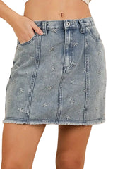 VERY J Bow Printed Casual Denim Mini Skirt -