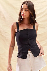 SO ME Button Down Sleeveless Game Day Fitted Denim Top -