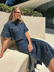 High Waisted Denim Skirt with Side Slit and Contrast Stitch - Chic Maxi Style -