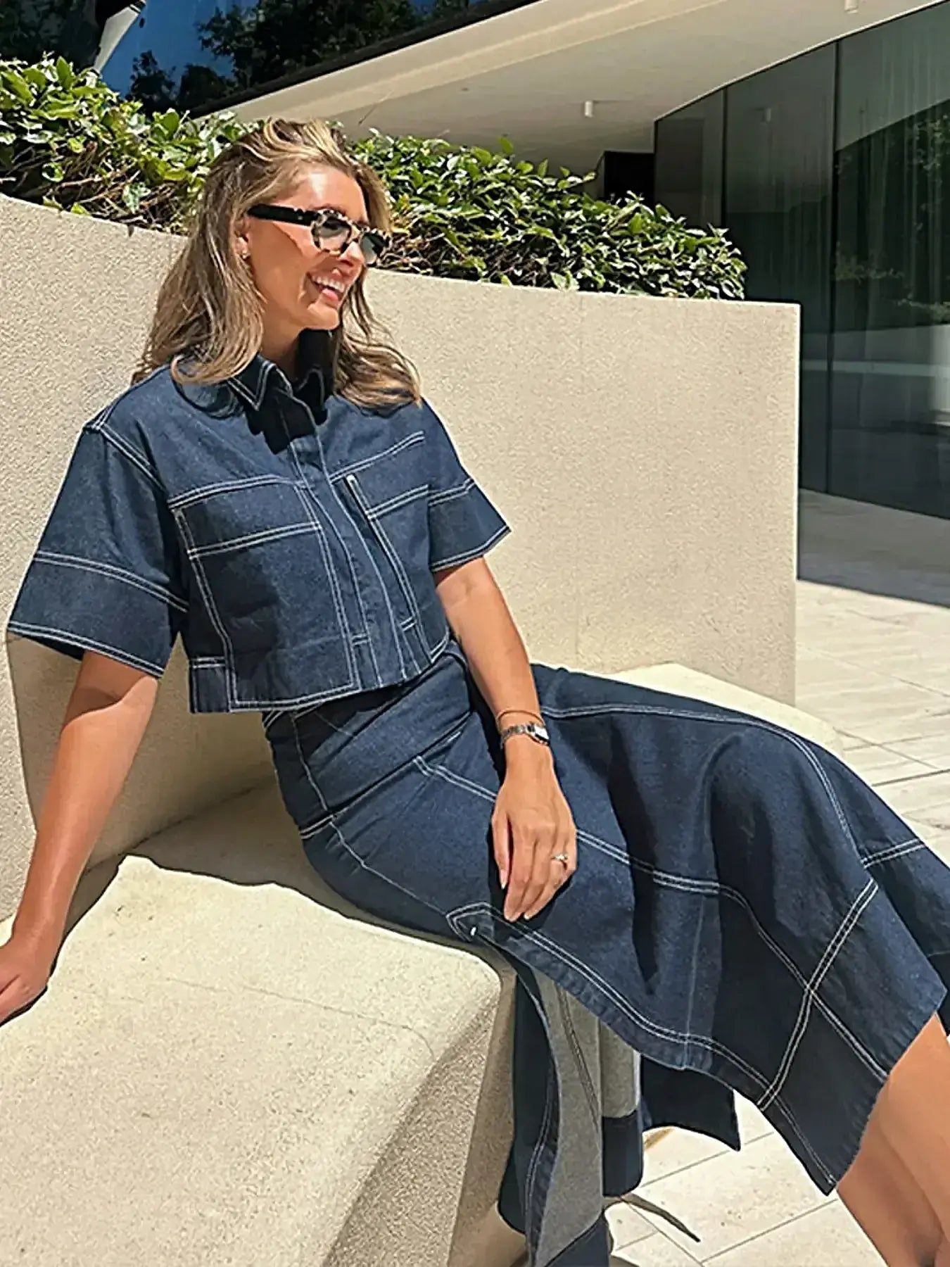 High Waisted Denim Skirt with Side Slit and Contrast Stitch - Chic Maxi Style -