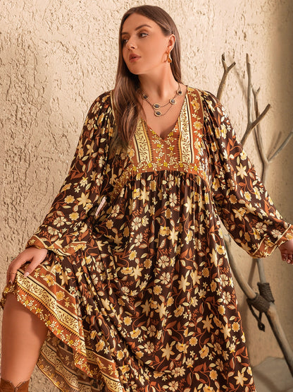 Plus Size Printed V-Neck Balloon Sleeve Dress