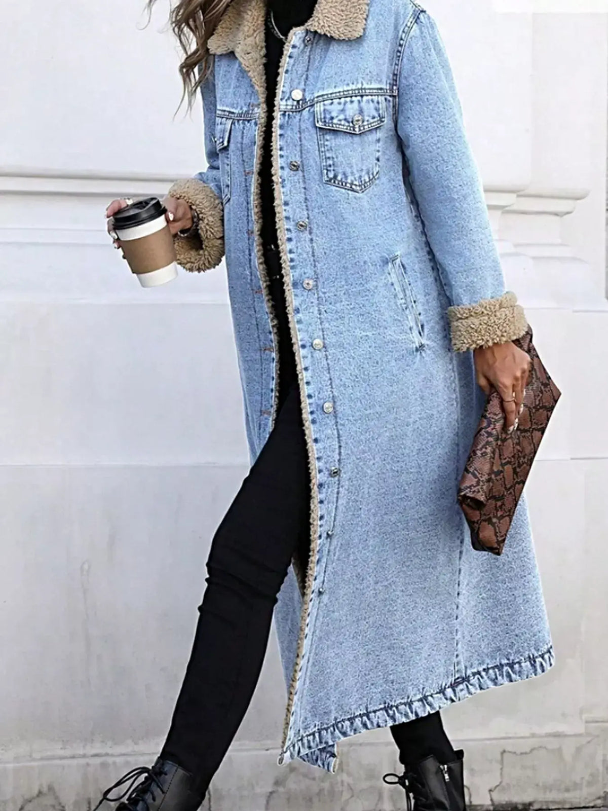 Sherpa Lined Longline Denim Jacket -