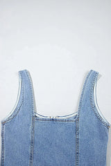 Elegant Square Neck Wide Strap Denim Dress for Women - Classic Style with Zipper Closure -