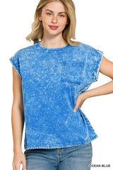 Zenana Full Size Crinkle Washed Round Neck Folded Short Sleeve Tee Plus Size -