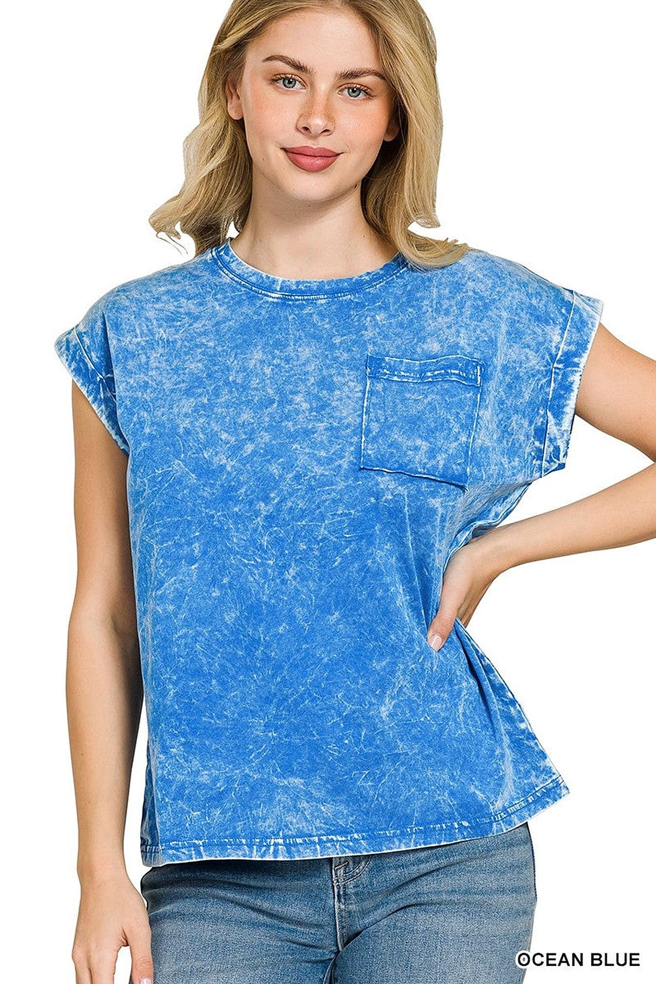 Zenana Full Size Crinkle Washed Round Neck Folded Short Sleeve Tee Plus Size -