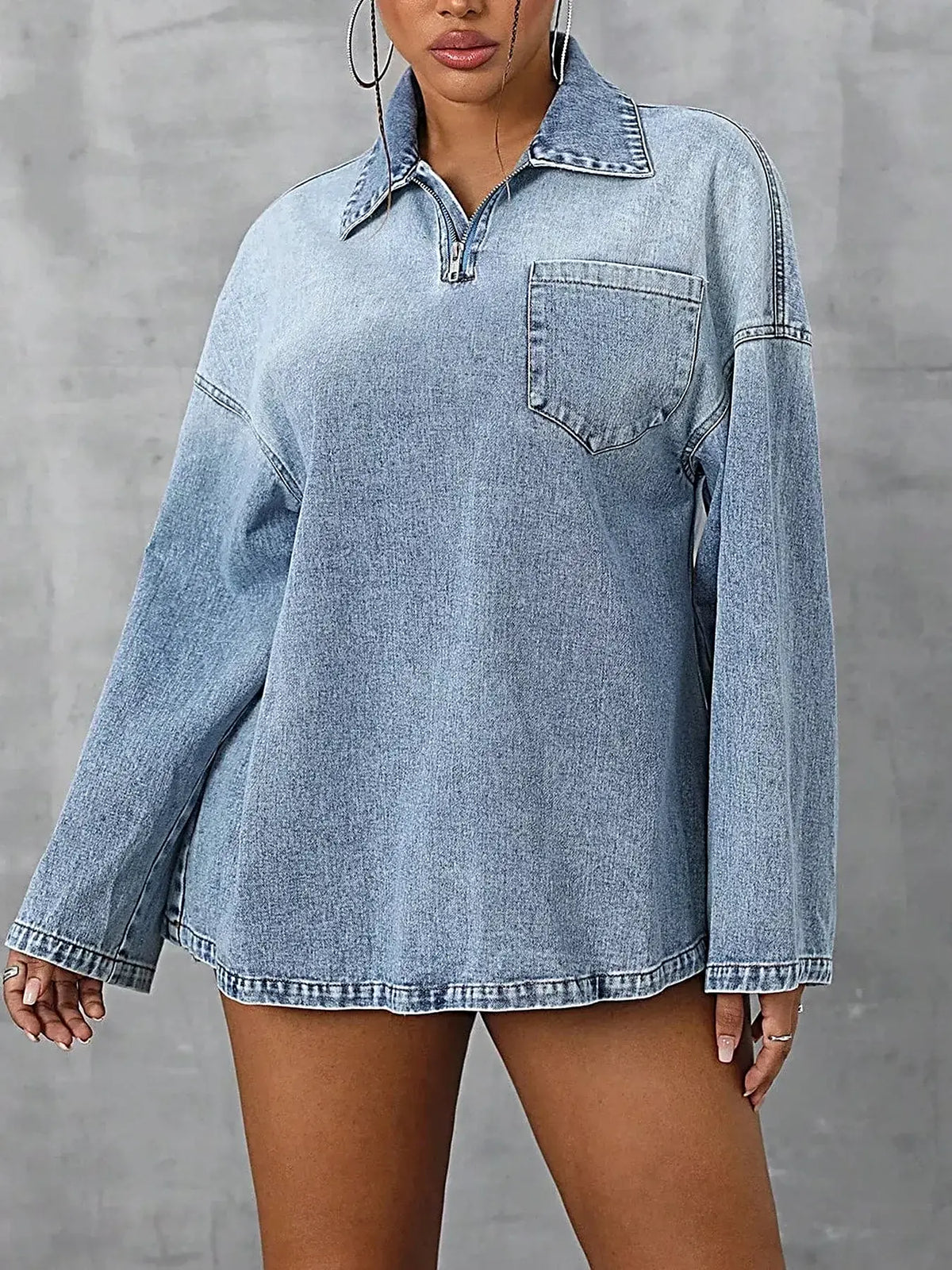 Collared Neck Drop Shoulder Denim Top -