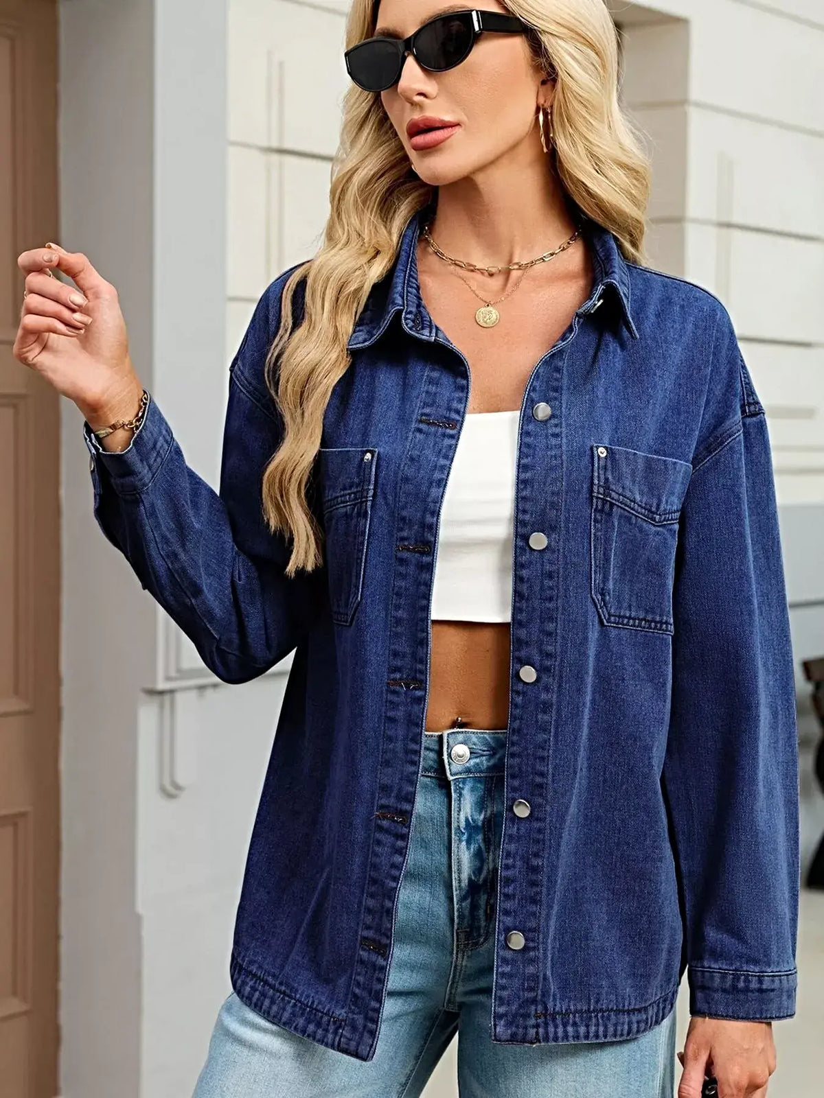 Button Up Dropped Shoulder Denim Jacket -