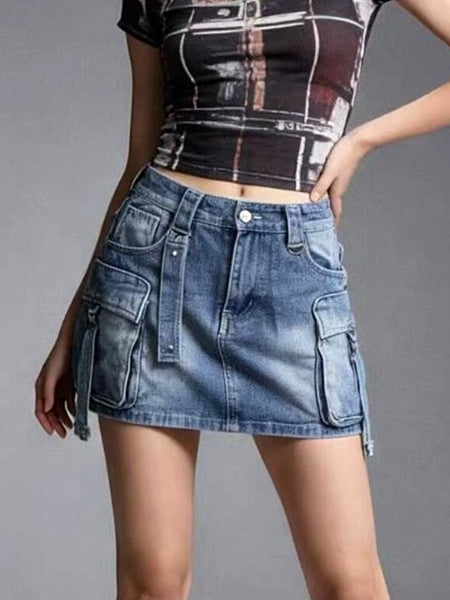 Washed Cargo Denim Skirt -