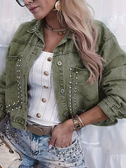 Studded Button Up Wash Denim Jacket -