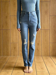 High-Waisted Distressed Jeans -