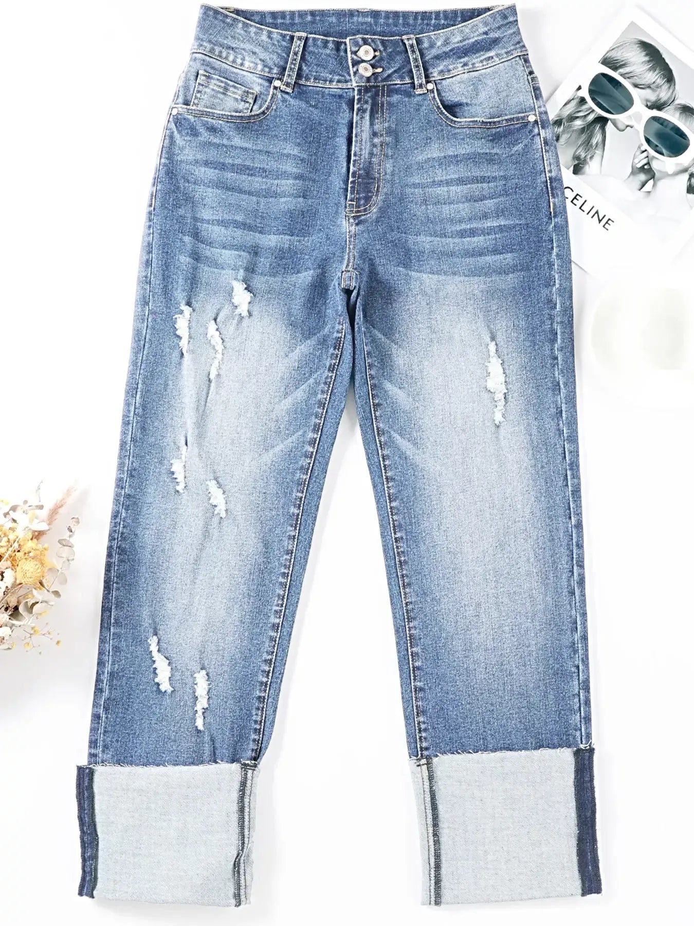 High Waist Distressed Straight Leg Jeans -