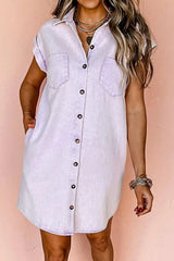 Button Down Short Sleeve Denim Dress -