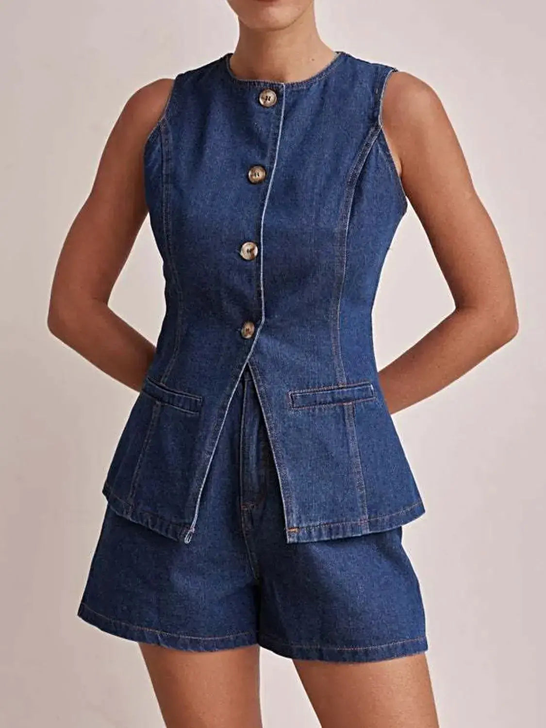 Button Down Vest and Shorts Denim Set -