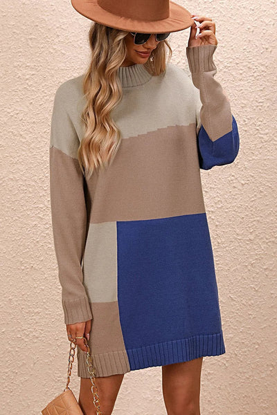 Stylish Color Block Sweater Dress with Mock Neck and Dropped Shoulders - Casual Mini Length Trendsi