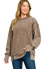 Zenana Acid Washed Double Ribbed Exposed-Seam Sweatshirt -