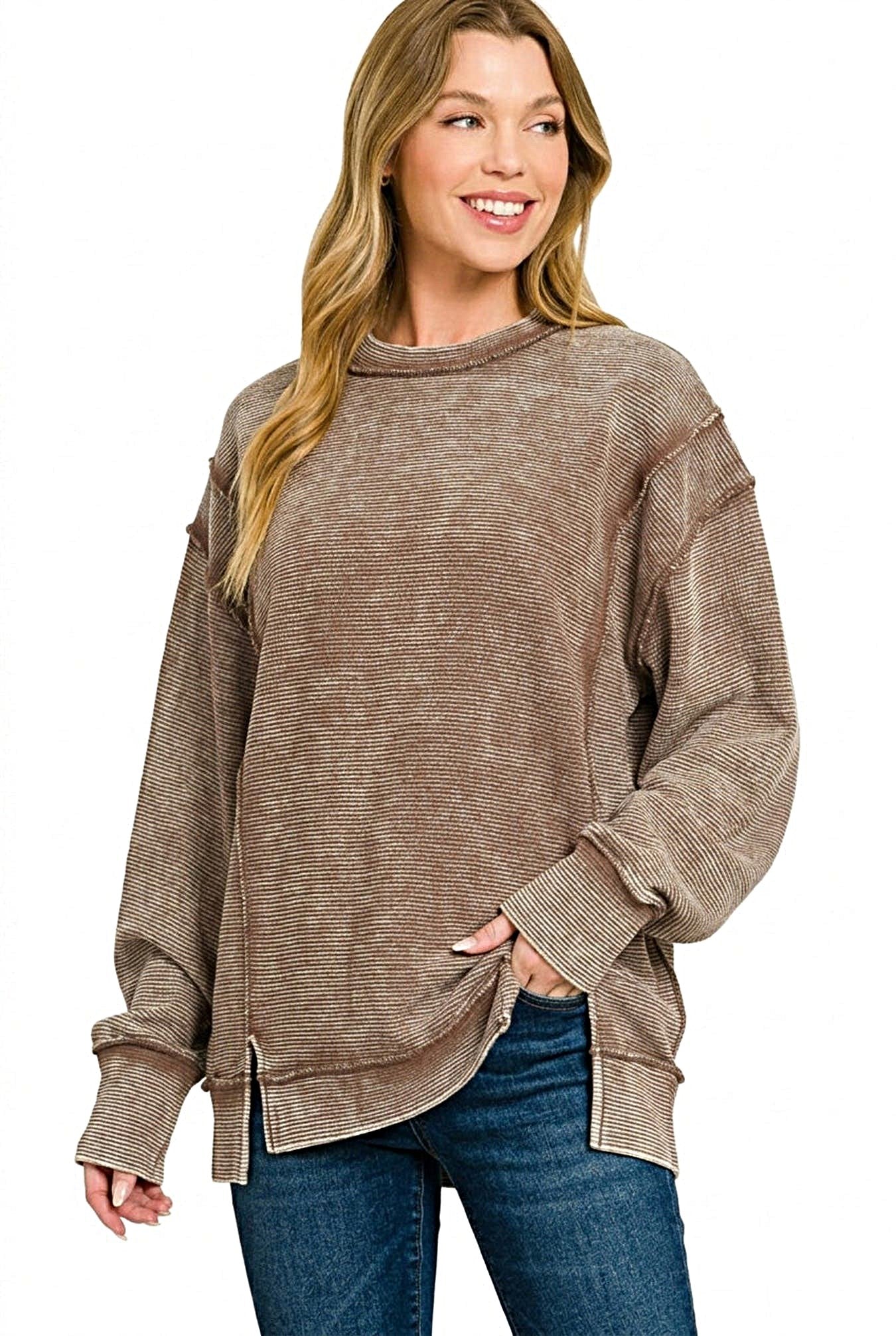 Zenana Acid Washed Double Ribbed Exposed-Seam Sweatshirt -