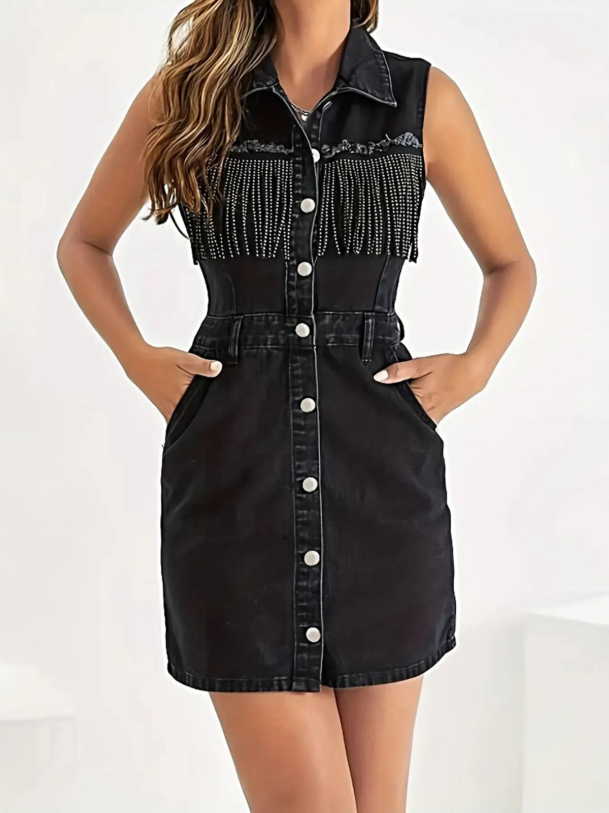 Fringe Detail Button-Front Mini Dress -