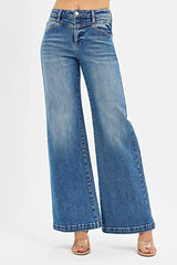 RISEN High Rise Wide Leg Jenas with Front Yoke and Heart Back Pocket -