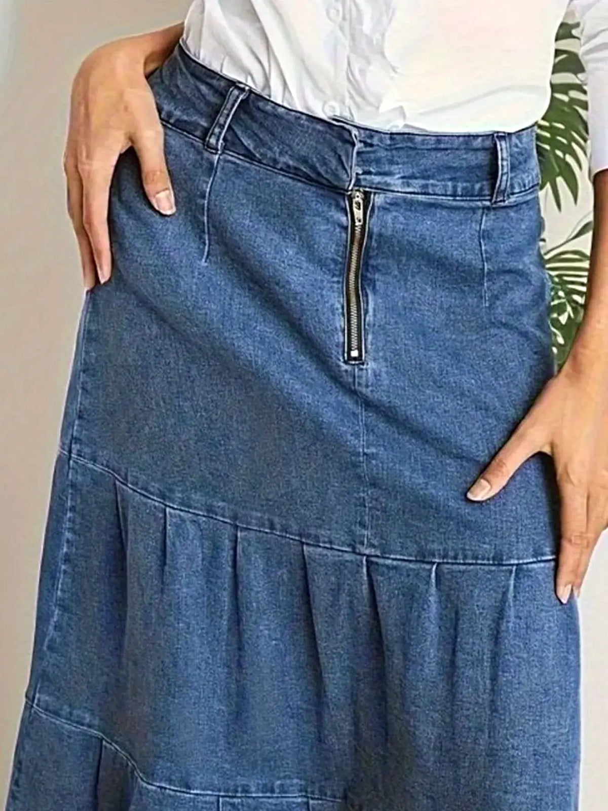 Tiered Maxi Denim Skirt with Zipper Detail -