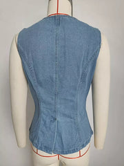 Sleeveless Button-Front Vest and Pants Denim Set -