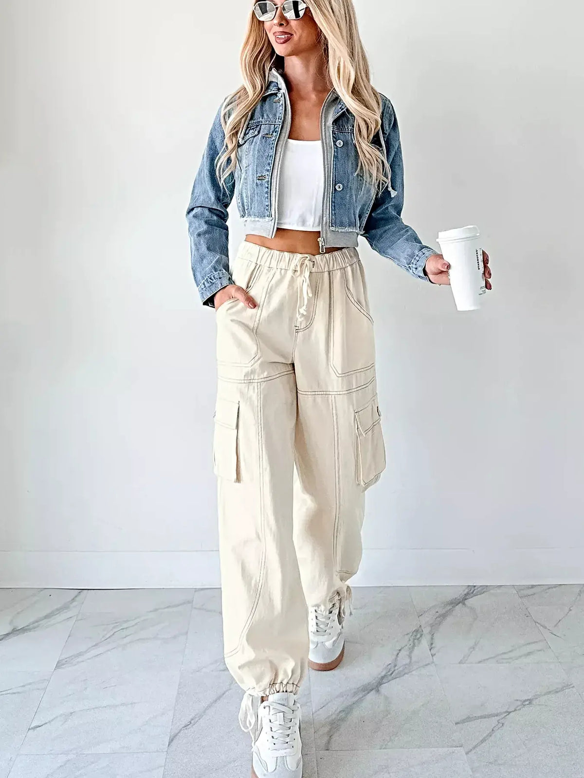 Distressed Zip Up Cropped Hooded Denim Jacket -