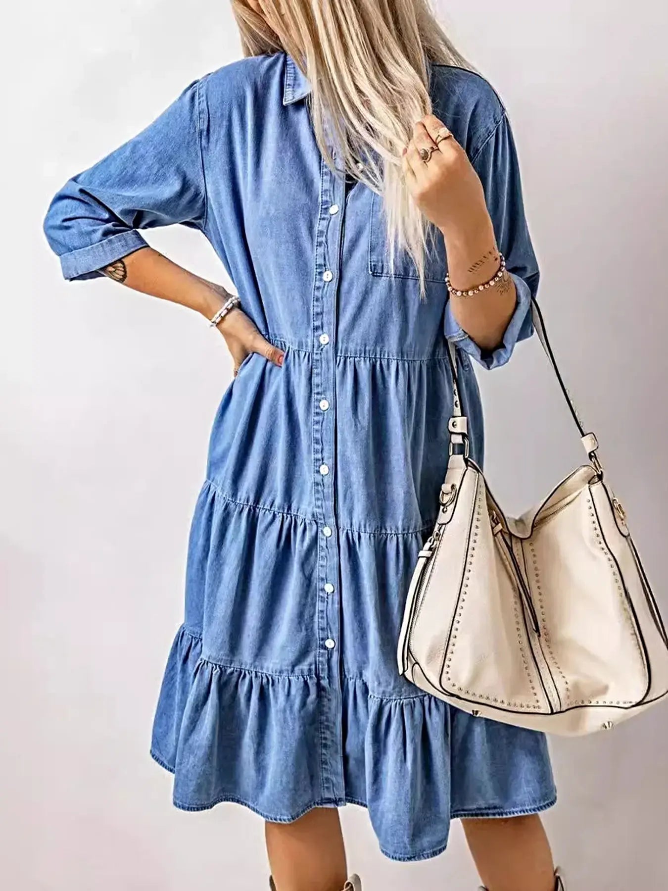 Full Size Ruffled Hem Button Up Denim Midi Dress Plus Size -