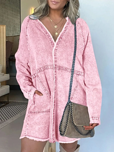 Full Size Button-Front Long Sleeve Denim Shirt Dress Plus Size -