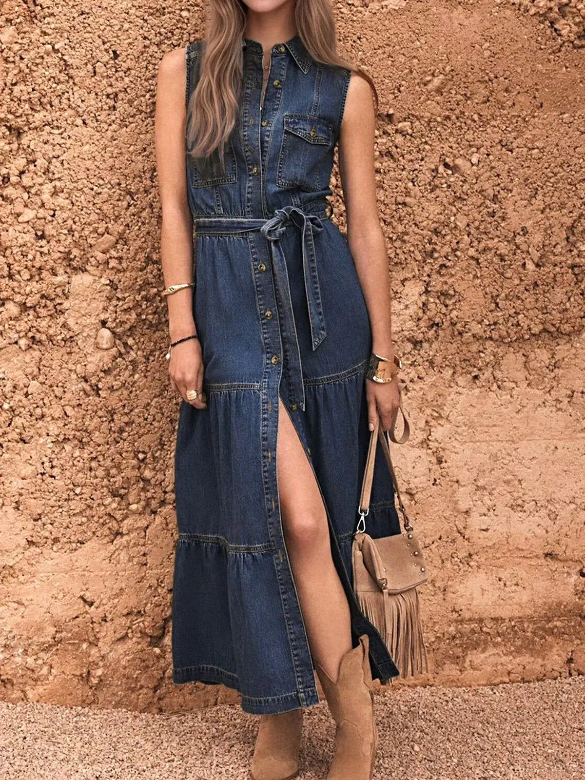 Button Front Sleeveless Denim Dress -