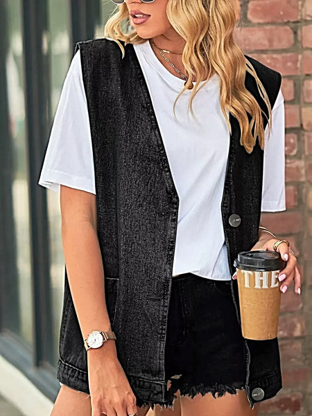 Sleeveless Button-Down Denim Jacket Vest -
