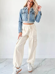 Distressed Zip Up Cropped Hooded Denim Jacket -