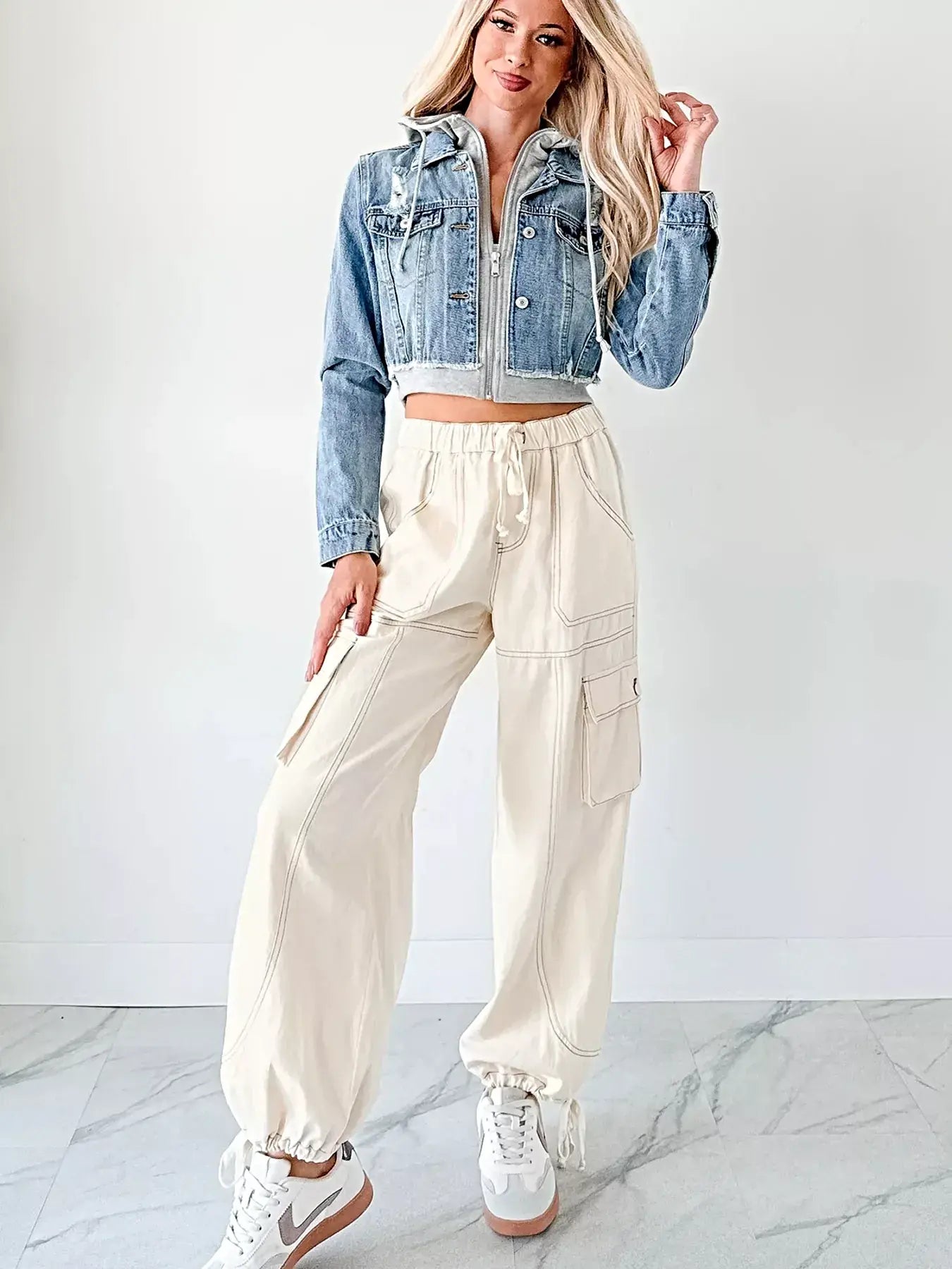 Distressed Zip Up Cropped Hooded Denim Jacket -