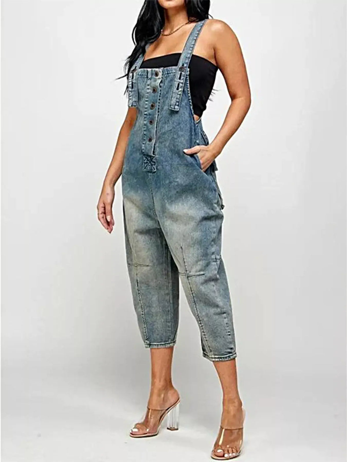 Full Size Button Front Denim Overalls with Pockets Plus Size -