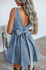 V-Back Bow Tie Denim Skater Dress -