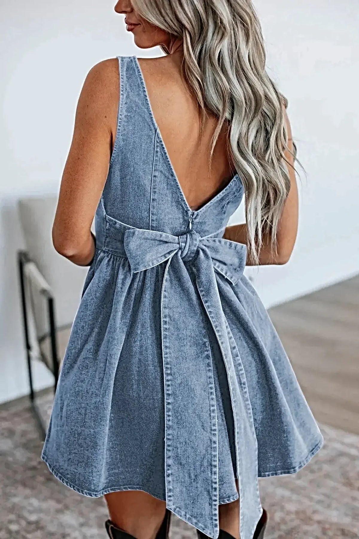 V-Back Bow Tie Denim Skater Dress -